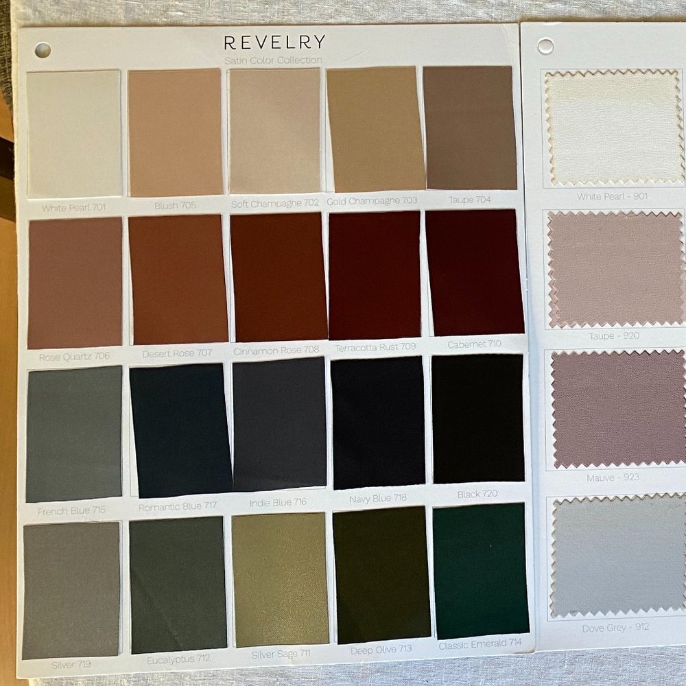 Revelry satin, chiffon, and tulle swatch pages. Satin soft champagne mega swatch
